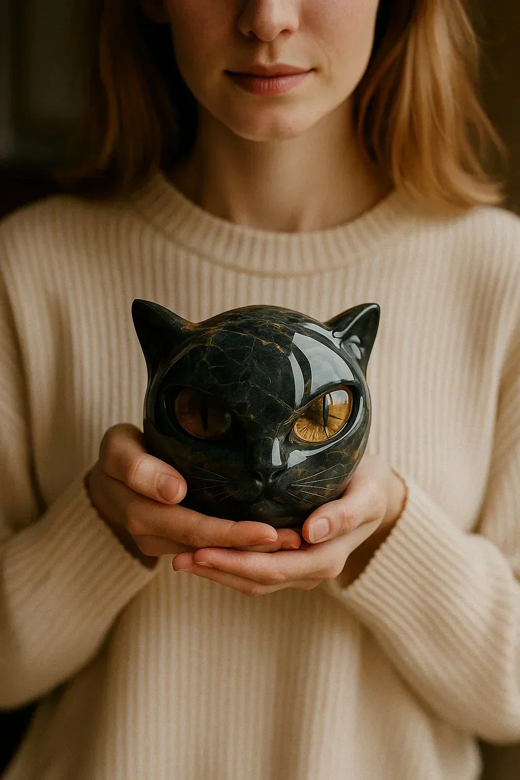 NyxCharm - Sculpture de tête de chat noir mystique