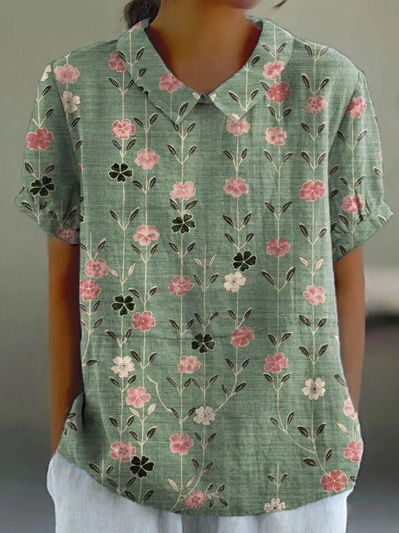 JANE™ | Cotton linen blouse with pastoral floral pattern