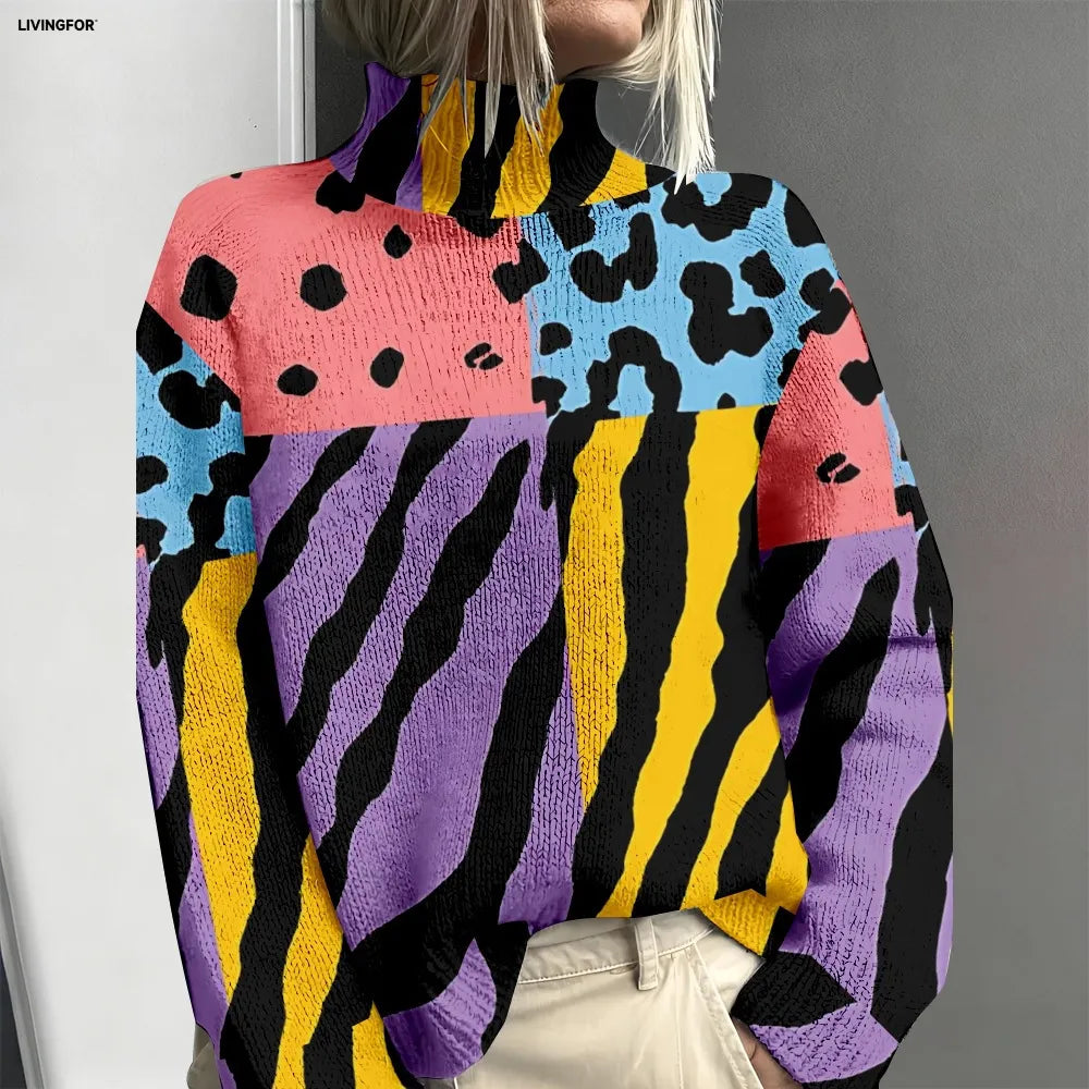 Imogen | Pull à col roulé imprimé animal color-block