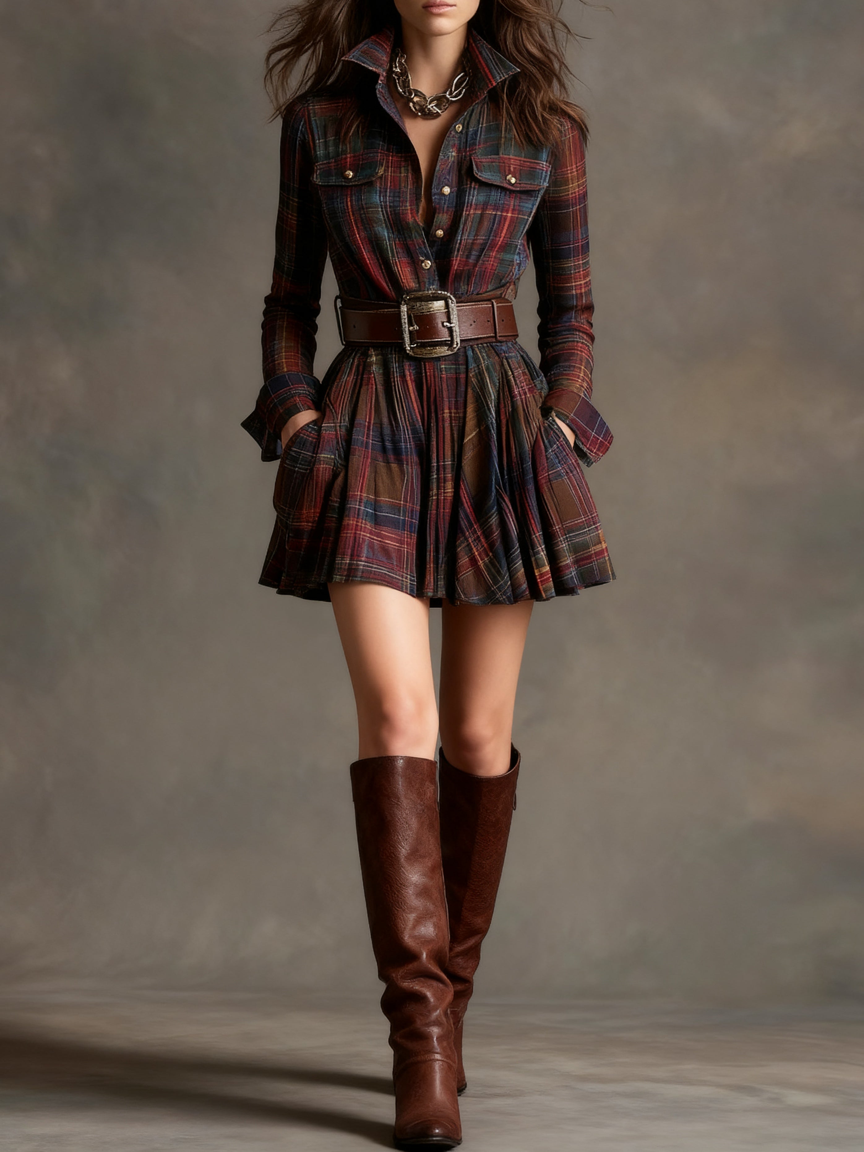 Robe courte vintage à revers, à carreaux rouges et marrons (ceinture incluse)