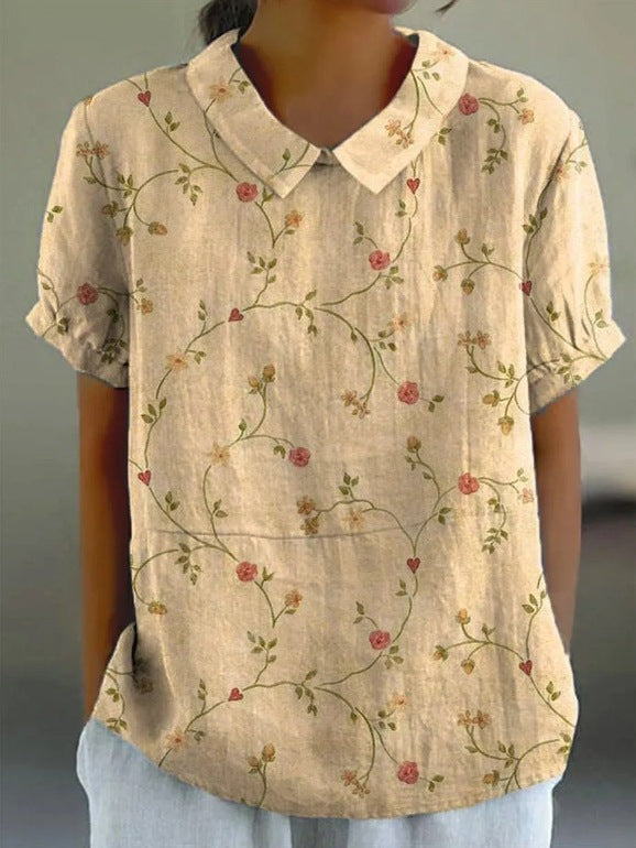 JANE™ | Cotton linen blouse with pastoral floral pattern