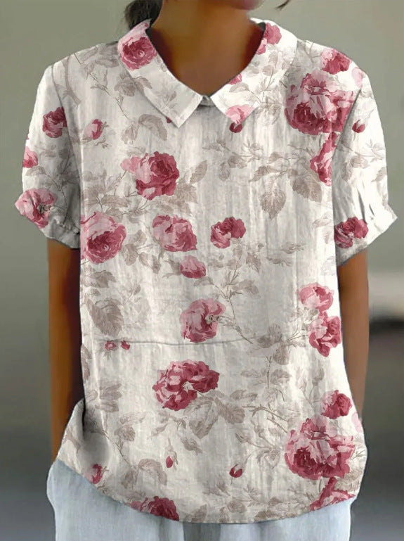 JANE™ | Cotton linen blouse with pastoral floral pattern