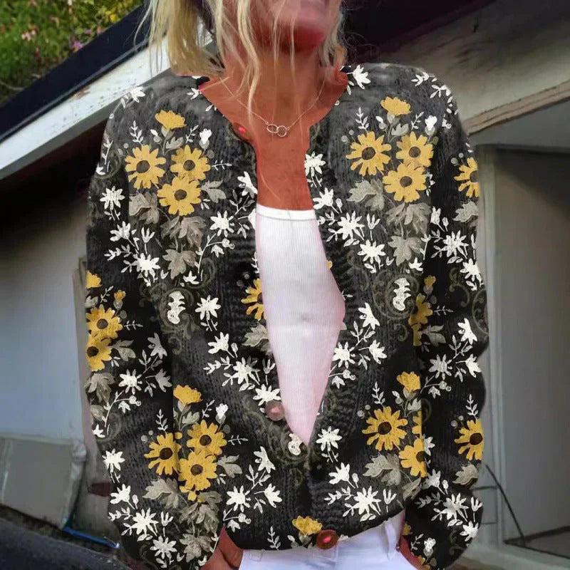 Gilet boutonné à imprimé floral et tournesol
