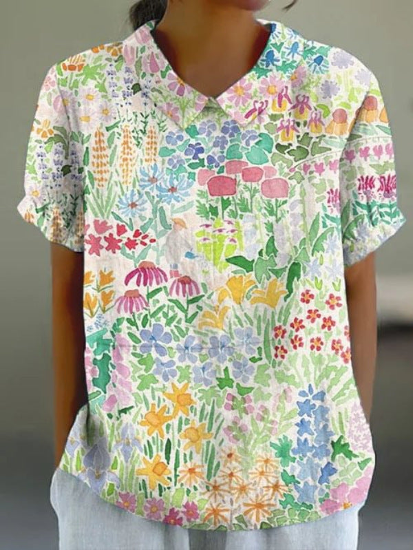 JANE™ | Cotton linen blouse with pastoral floral pattern