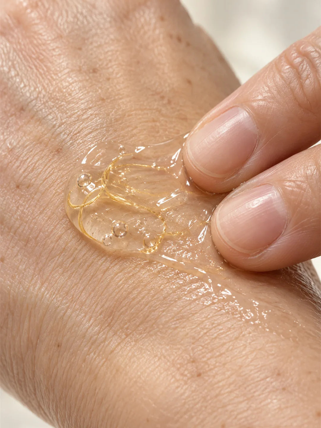 Du bout des doigts, le gel aux filaments dorés s’étale sur la peau