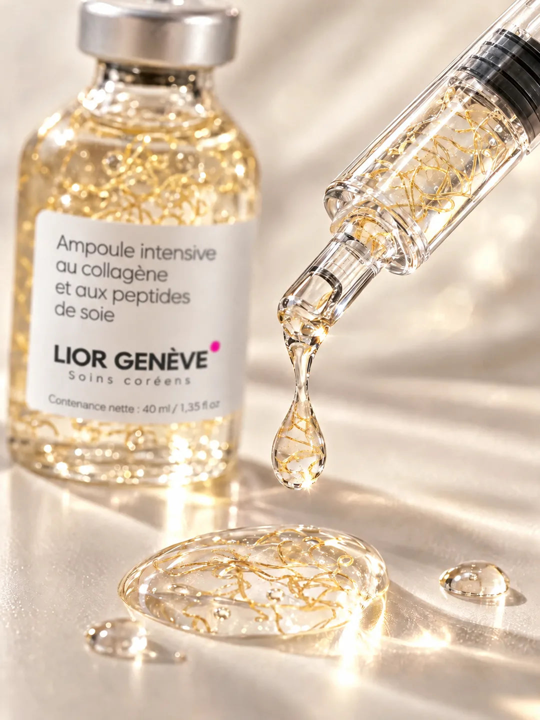 Goutte de gel aux filaments dorés à côté de l’ampoule